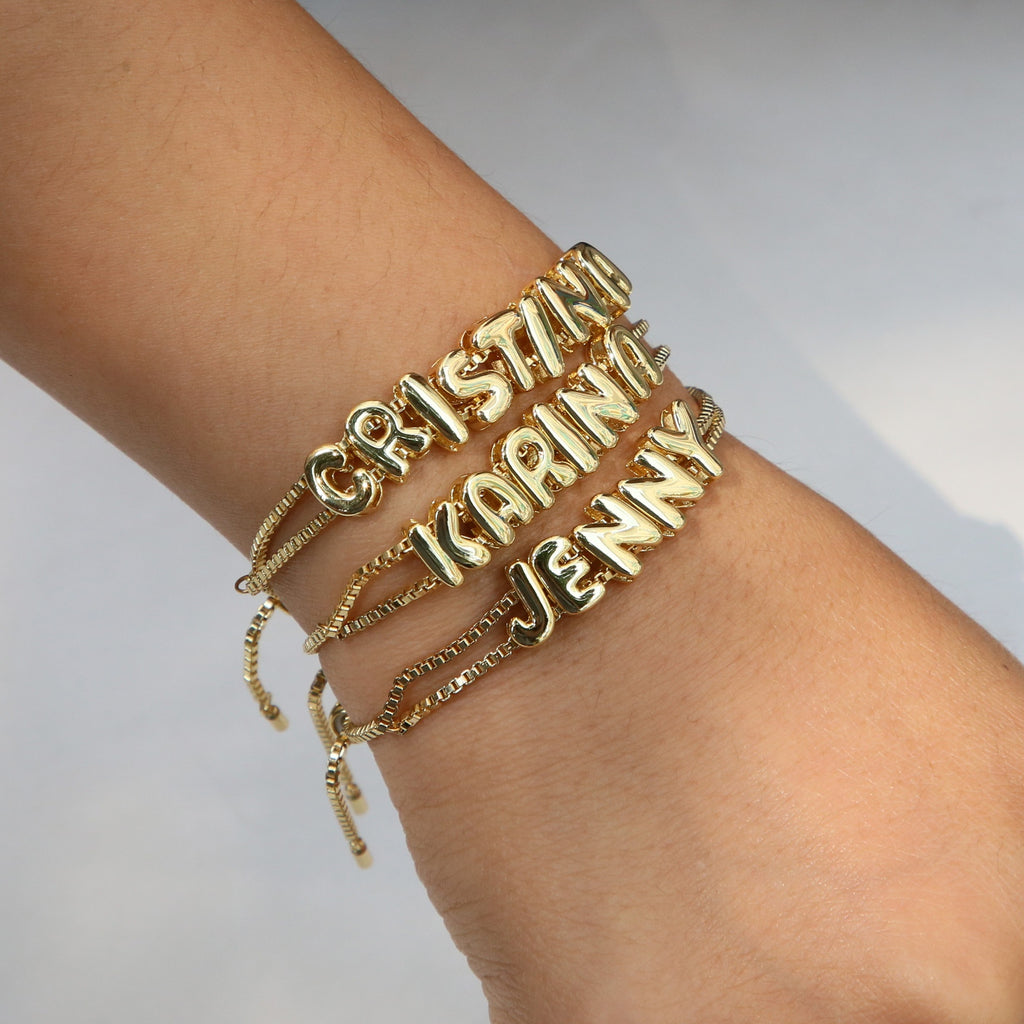 3D Bubble Personalized Name Bracelets in Gold-Plated Brass – Secrets d'Aura Jewelry