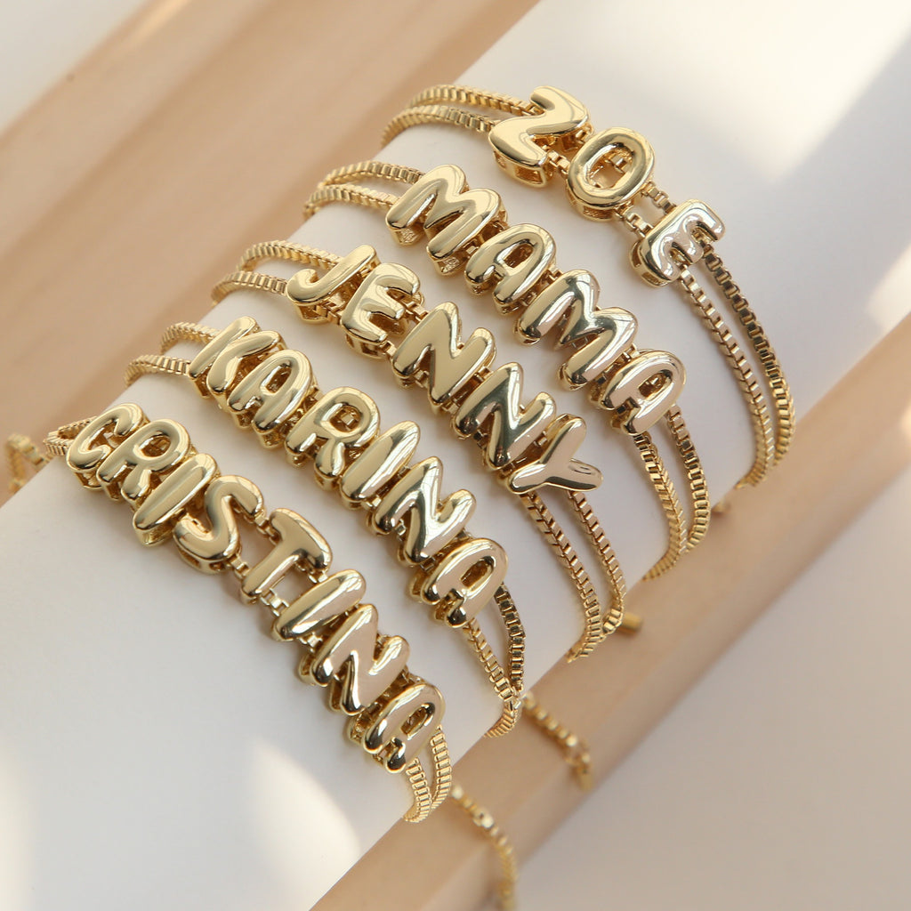 3D Bubble Personalized Name Bracelets in Gold-Plated Brass – Secrets d'Aura Jewelry