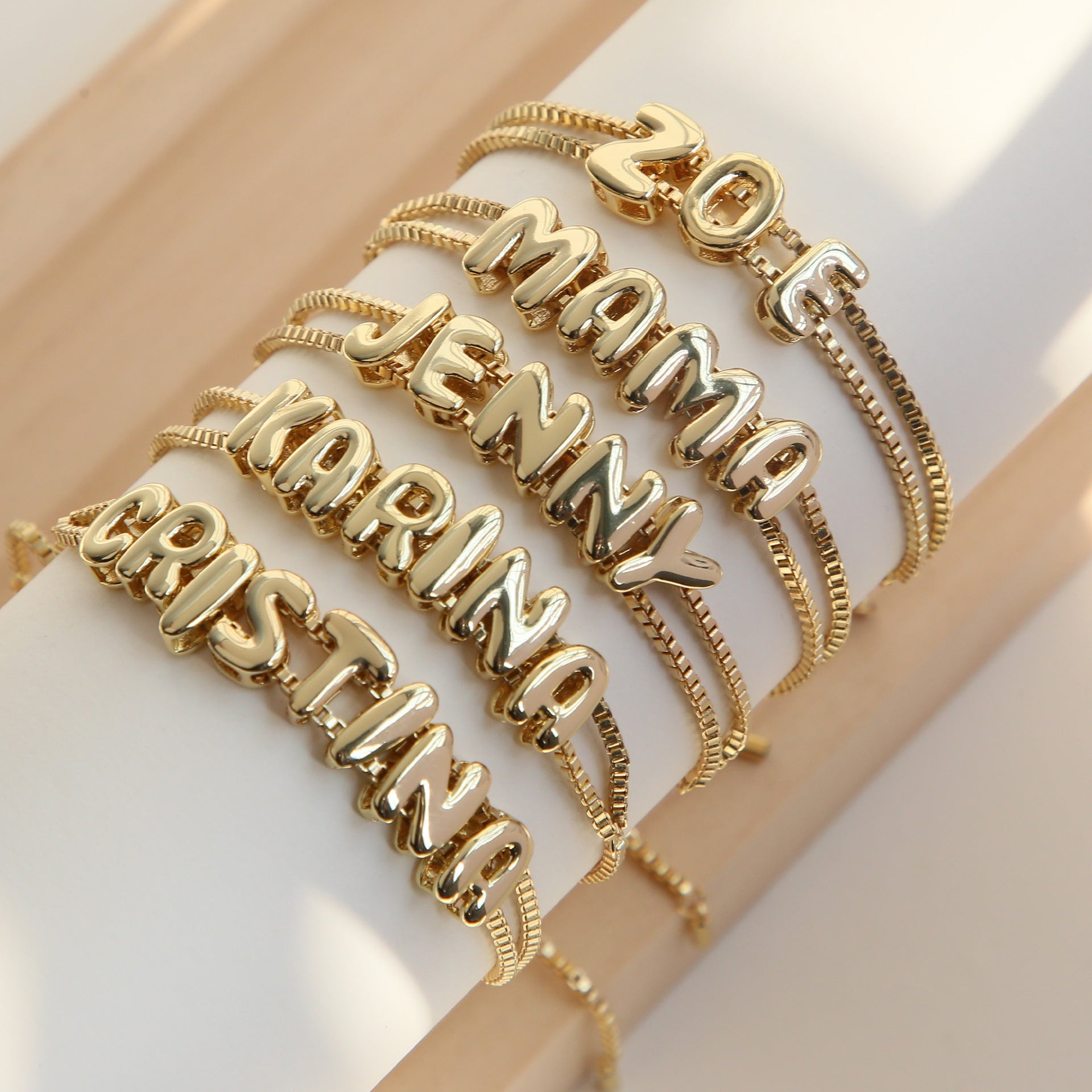 3D Bubble Personalized Name Bracelets in Gold-Plated Brass – Secrets d'Aura Jewelry