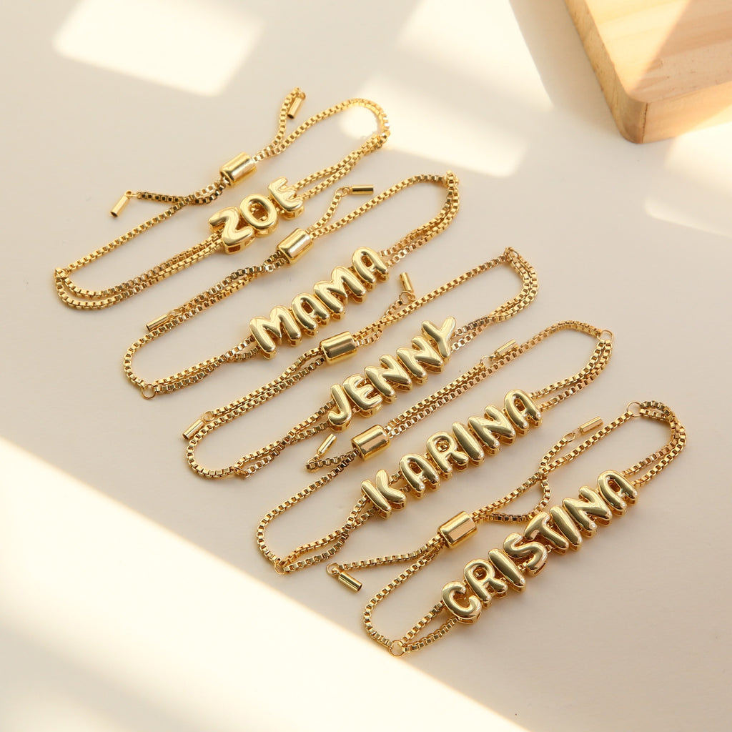 3D Bubble Personalized Name Bracelets in Gold-Plated Brass – Secrets d'Aura Jewelry